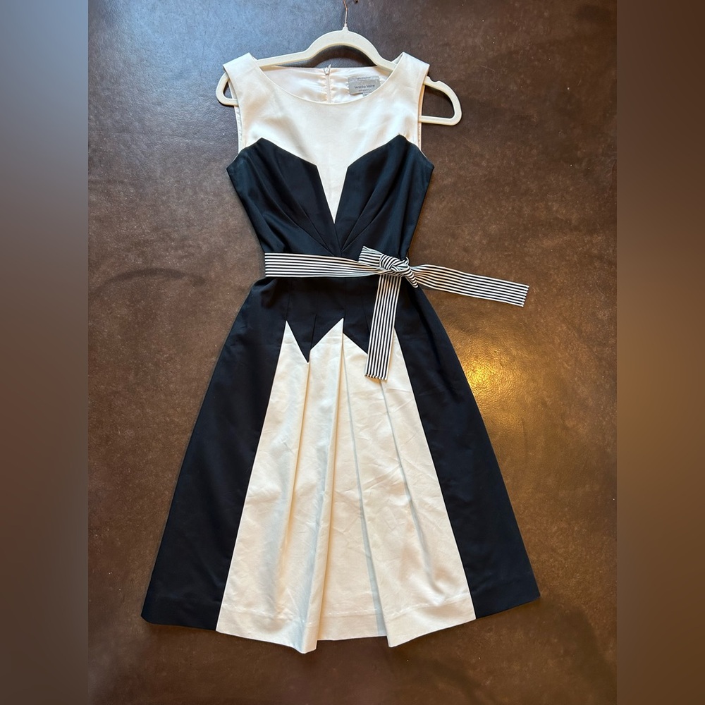 Veronika Maine Black + White pleated Midi Dress with striped belt- size 2